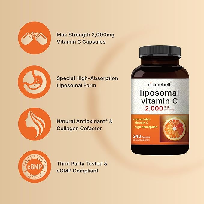 NatureBell Liposomal Vitamin C 2,000mg Per Serving, 240 Capsules | High Absorption Fat-Soluble Vitamins – Max Strength Antioxidant* Supplement – Non-GMO, Gluten Free