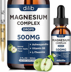 Triple Magnesium Complex Supplement-Magnesium Glycinate, Citrate, Malate Liquid Drops 500mg with Ashwagandha, L-Theanine, B6 for Calm, Stress Relief, Sleep, Muscle Support-Green Apple Flavor