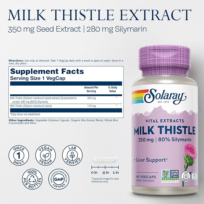SOLARAY Milk Thistle Seed Extract 350 mg Guaranteed to Contain 80% Silymarin, Traditional Liver Support, Vegan & Lab Verified for Quality, 60 Day Money-Back Guarantee, 60 Servings, 60 VegCaps