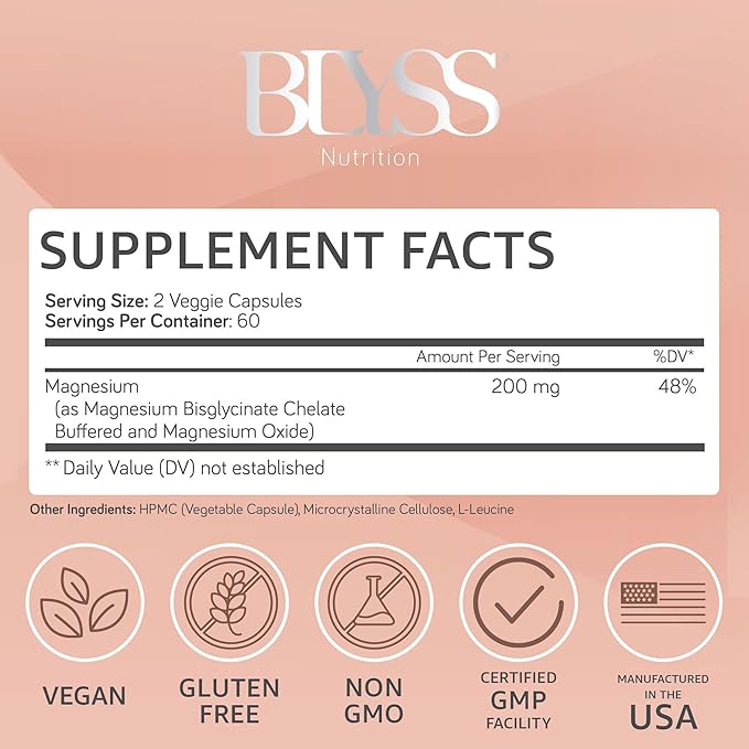 Magnesium Bisglycinate Capsules for Women - 200mg Chelated Glycinate Magnesium Supplement - Natural Supplements to Support Sleep, Mood Support & Muscle Cramps - 120 ct