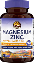Vitalitown Magnesium Zinc, with Vitamins D3 & B6, Chelated Magnesium Glycinate, Malate, Citrate, Taurate, High Absorption, for Sleep, Bone, Heart, Immune, Digestive Support, 60 Caps