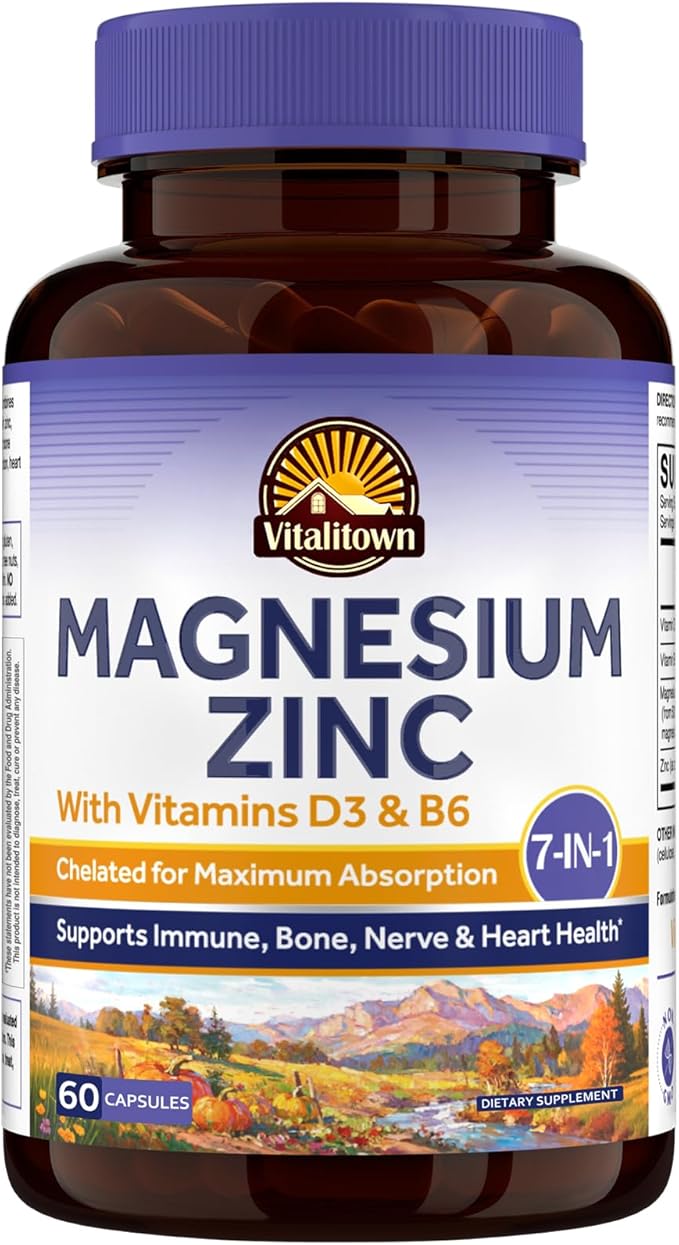 Vitalitown Magnesium Zinc, with Vitamins D3 & B6, Chelated Magnesium Glycinate, Malate, Citrate, Taurate, High Absorption, for Sleep, Bone, Heart, Immune, Digestive Support, 60 Caps