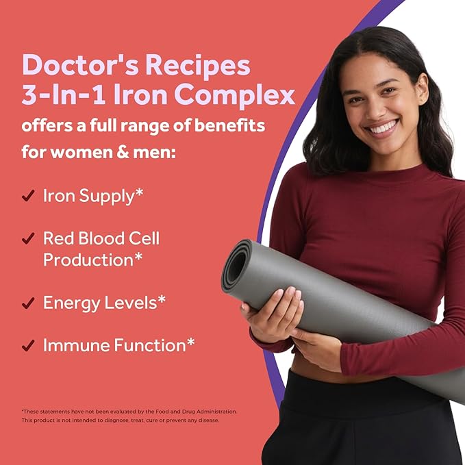 Doctor's Recipes Iron Supplement for Women & Men, 65mg from Ferrous Bisglycinate Sulfate Carbonyl Iron, Non-Constipating, Vitamin C for Optimal Absorption, Energy, Blood Support, 60 Tabs