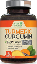 Turmeric Curcumin Supplement 2600mg - 95% Curcuminoids with Organic Turmeric & BioPerine Black Pepper for Best Absorption, Nature's Vegan Joint Support, Non-GMO Tumeric, Bottled in USA - 180 Capsules