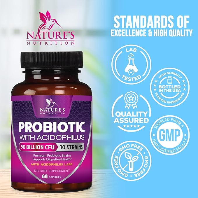 Probiotics for Digestive Gut Health - 50 Billion CFU Per Capsule, 10 Premium Strains & Prebiotics - Best Probiotics for Women & Men, Occasional Constipation, Gas, Immune Health Support - 60 Capsules