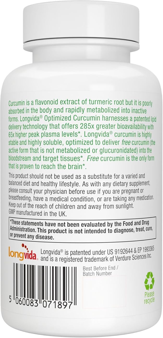 Igennus Longvida Lipidated Curcumin 500mg, Ultra Bioavailable & Sustained Action, 65x Higher Plasma Levels, Intensive Support, Free-Form Curcumin, Vegan, 90 Capsules