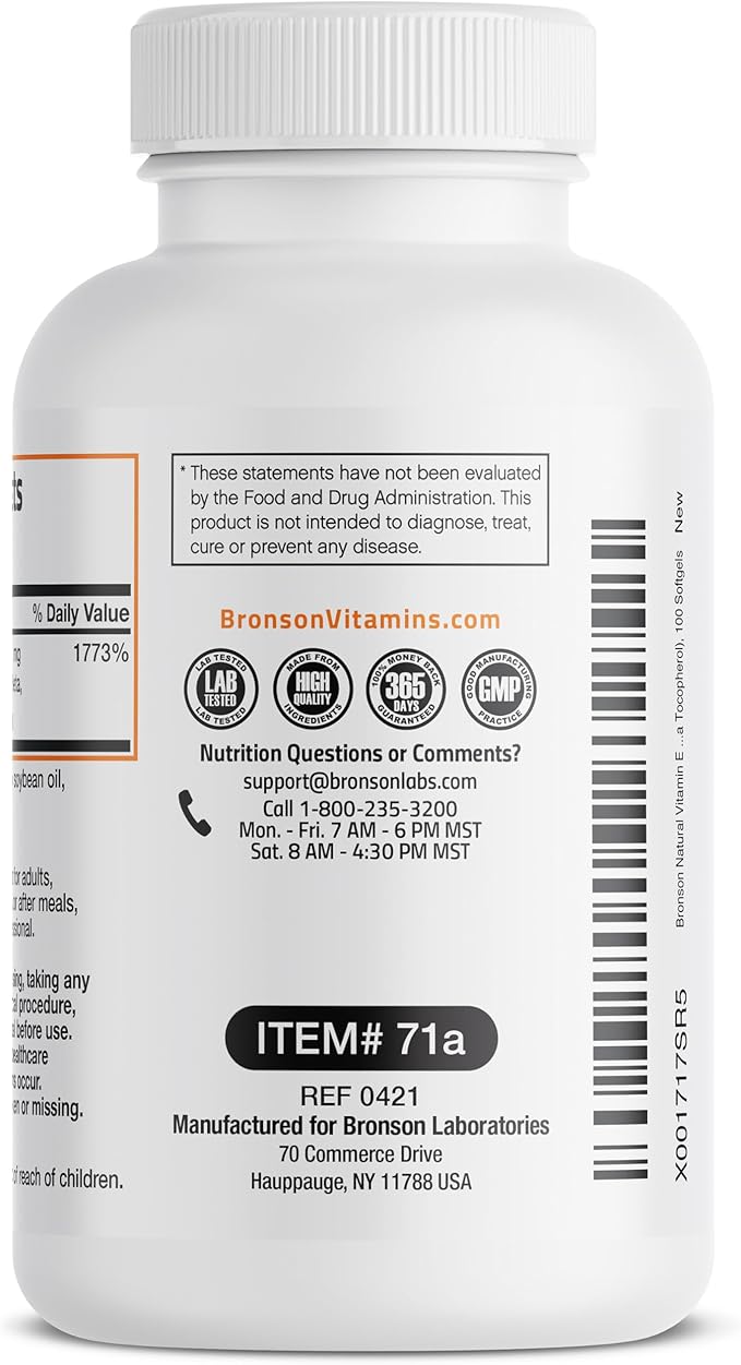 Bronson Vitamin E Complex 400 I.U. Supplement (d-Alpha Tocopherol Plus d-Beta, d-Gamma, & d-Delta Tocopherols), Antioxidant, 100 Softgels