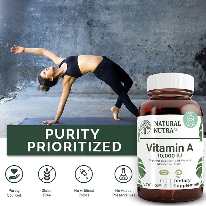 Natural Nutra Vitamin A 10,000 IU Softgels – High Potency Eye and Skin Vitamins – Gluten-Free Vitamin A Supplement for Sight & Skin Health – Fish Liver Oil for Men and Women, Gluten Free 100 Softgels