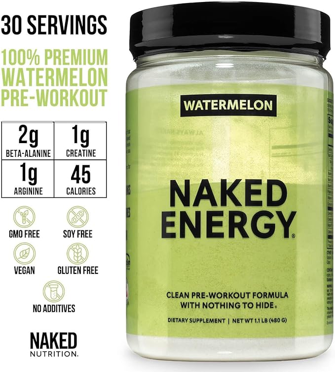 NAKED Watermelon Energy - Clean Pre Workout Supplement for Men and Women, NSF Certified, Vegan Friendly, No Added Sweeteners, Colors Or Flavors - 30 Servings