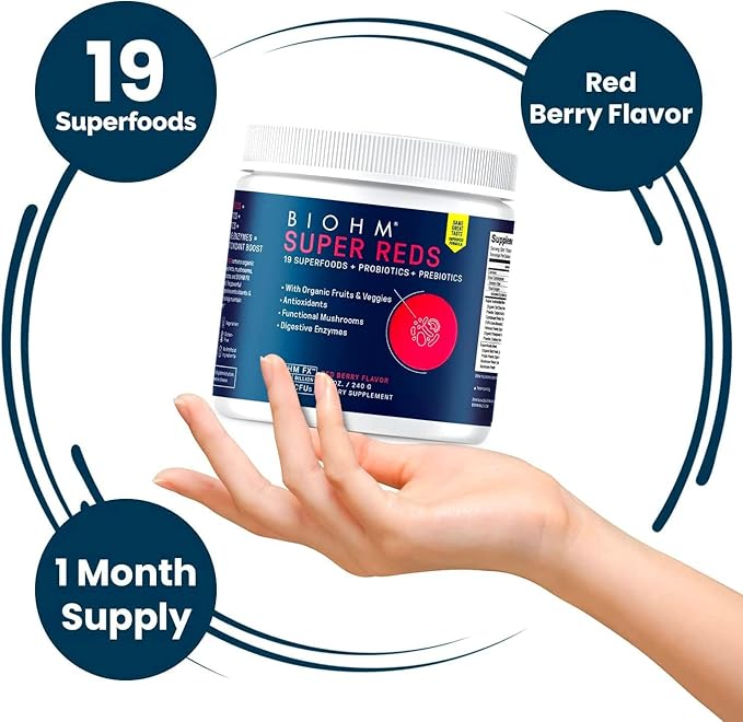 BIOHM Super Reds, Beet Root Powder Antioxidant Smoothie Mix with Tart Cherry Extract and 19 Red Whole Foods Packed with Prebiotics and Probiotics, Non-GMO, Red Berry Flavor, 30 Servings