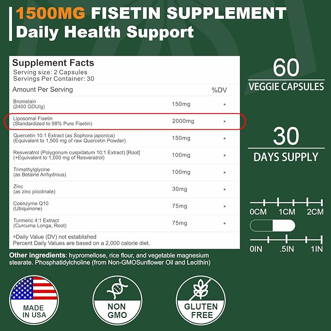 Liposomal Fisetin Supplement, 2000MG, 98% Pure Fisetin Polyphenols Antioxidants, with Quercetin, TMG and Resveratrol, for Healthy Aging, Cognitive Support, 180 Capsules