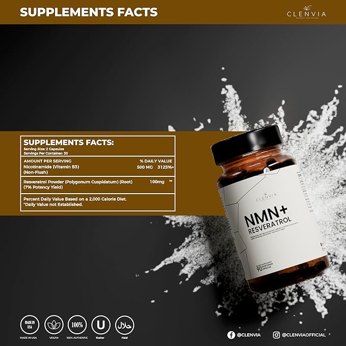 Premium NMN Supplement with Resveratrol – High Potency NAD+ Support Formula – >99.7% Purity – Third-Party Tested – Made in USA – 500mg Nicotinamide + 100mg Resveratrol – 90 Capsules