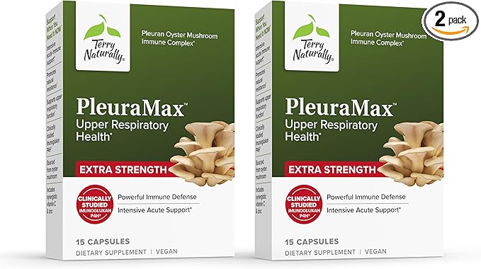 Terry Naturally PleuraMax Extra Strength -Upper Respiratory Health Supplement -Sourced from Oyster Mushrooms -Includes Vitamin C & Zinc for Immune Support -Vegan -15 Capsules (15 Servings) - 2 Pack