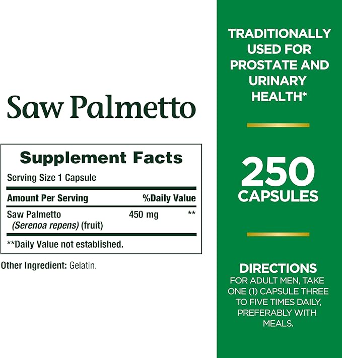 Nature's Bounty Saw Palmetto Support for Prostate and Urinary Health, Herbal Health Supplement, 450mg, 250 Capsules (Pack of 2)