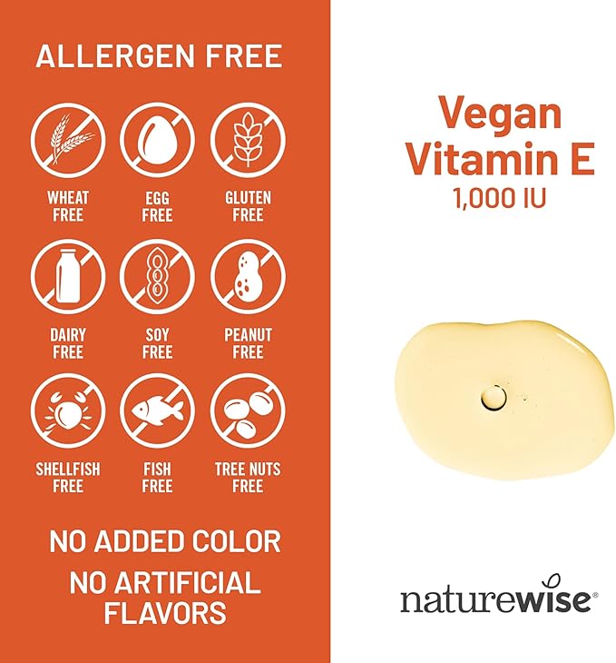 NatureWise Vitamin E 1000 IU Softgels (450mg dL-Alpha) - Vegan, Gluten-Free, Soy-Free, Non-GMO Antioxidant Dietary Supplement for Skin, Heart, Eye, and Immune Health Support - 60-Day Supply, 120 Count