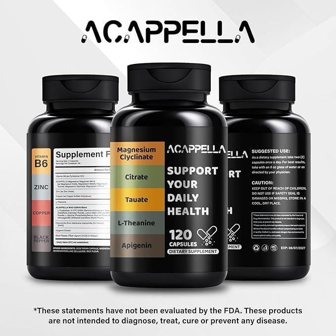 ACAPPELLA Magnesium Glycinate with Magnesium Citrate Capsules l theanine Supplement apigenin Capsules - apigenin Supplement l-theanine - 120 Count