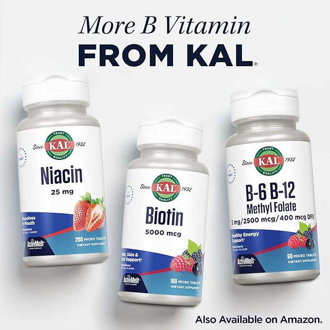 KAL Vitamin B12 Methylcobalamin 5000mcg, Healthy Energy, Metabolism, Nerve & Red Blood Cell Support,* Fast Dissolve ActivMelts, Optimal Absorption, Natural Raspberry Flavor, 90 Servings, 90 Micro Tabs