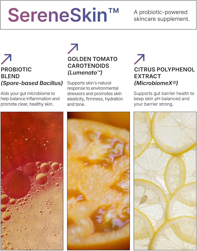 Microbiome Labs SereneSkin - Spore Based Probiotic Complex with Citrus Polyphenols for Skin Clarity & Gut Health Support - Daily Probiotic Skincare - Soothe The Gut-Skin Axis (60 Capsules)