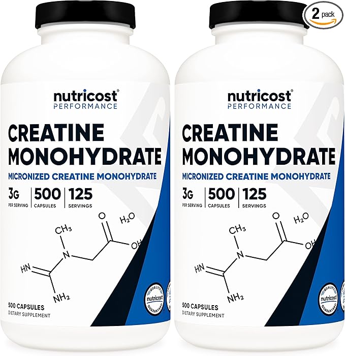 Nutricost Micronized Creatine Monohydrate 3,000mg 500 Capsules, 125 Servings, 750mg of Creatine Monohydrate Per Capsule (Pack of 2)