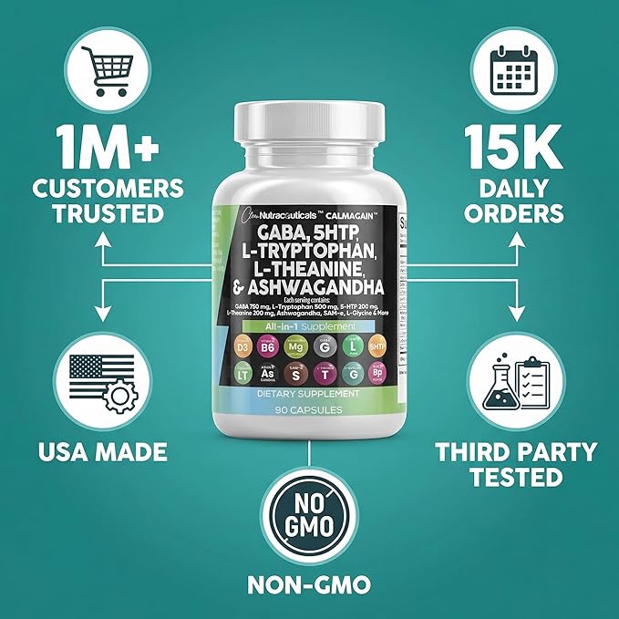 Clean Nutraceuticals GABA 750mg 5 HTP 200mg L Tryptophan 500mg L Theanine 200mg Ashwagandha SAM-e L-Glycine - Mood Support Vitamins for Women and Men with L-Tyrosine 5-HTP (5-Hydroxytryptophan)