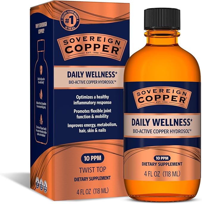 Sovereign Copper Bio-Active Copper Hydrosol, Daily+ 4-in-1 Wellness Supplement for Joint, Bone, Hair, Skin and Nails, Cardiovascular Health, Energy and Metabolic Health Support, 4 fl oz (118 mL)