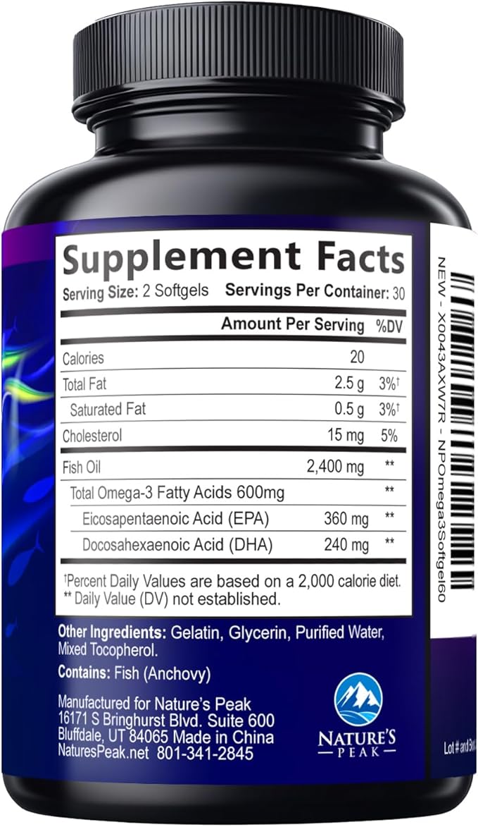 Omega 3 Fish Oil Supplements - 2400mg Fish Oil Per Serving - Triple Strength Omega-3 with Fatty Acids EPA & DHA - Natural Heart, Brain & Immune Support - Wild Caught, Bottled in USA - 60 Softgels