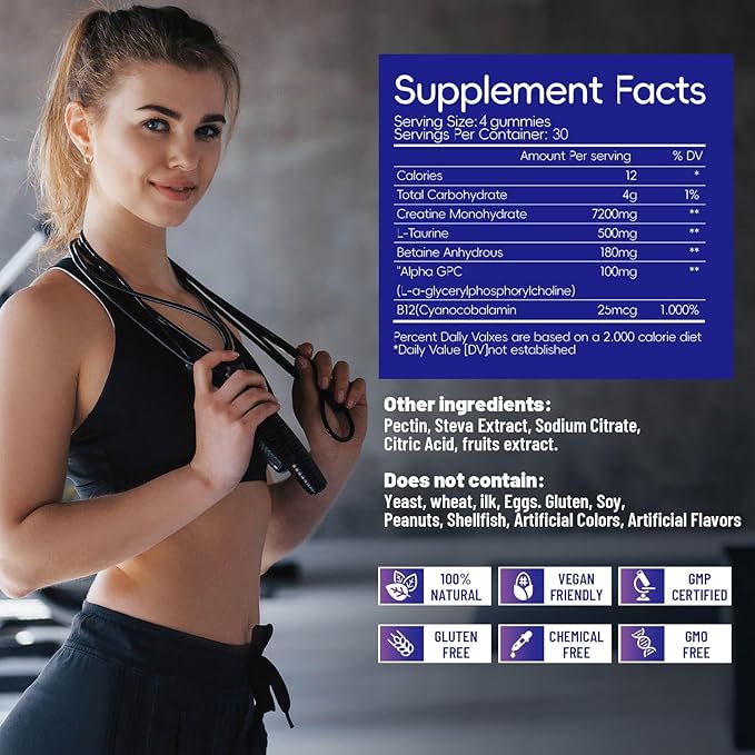 Creatine Monohydrate Gummies for Men & Women – 7200mg High Potency Strength, Muscle Growth & Energy Support Chews – Vegan, Sugar-Free, Non-GMO Workout Supplement for Gym Performance, Recovery