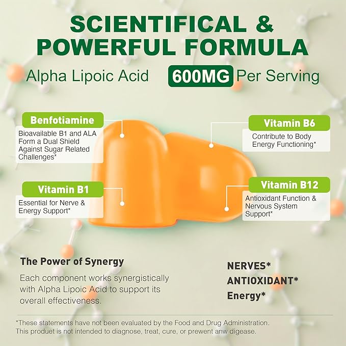 Alpha Lipoic Acid 600mg with Benfotiamine for Nerve Support, Antioxidant Support, ALA Supplement R Alpha Lipoic Acid Gummies - Vegan, Sugar-Free, 2 Packs, 120 Counts