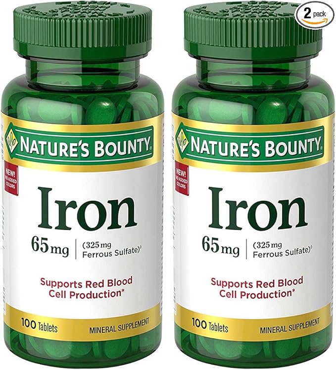 Nature's Bounty Iron 65 mg (325 mg Ferrous Sulfate), 2 Bottles (100 Count)
