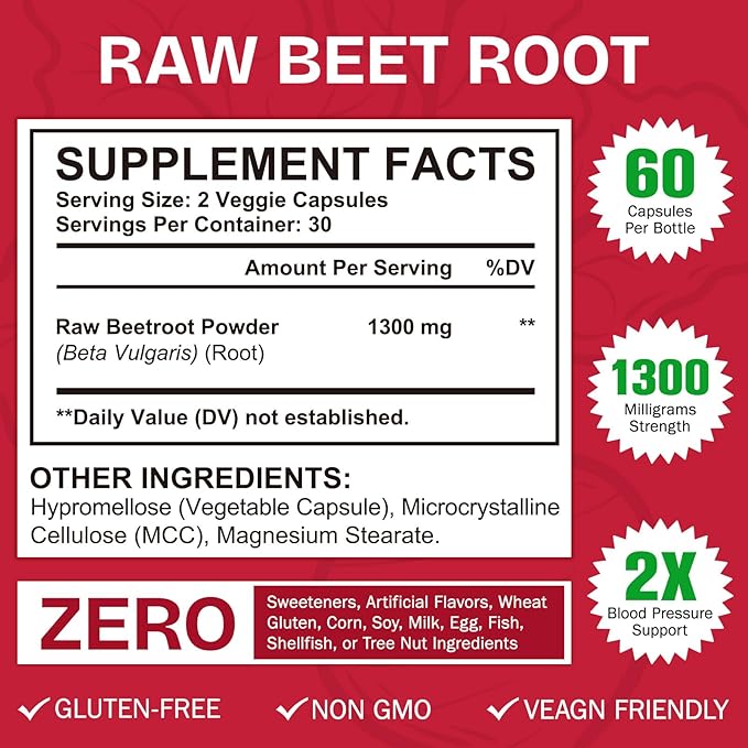 Beet Root Capsules 1300mg, Natural Organic Beetroot Powder Supplement Supports Healthy Blood Pressure and Heart Health, Energy & Endurance Support, Non-GMO, Vegan, 60 Count, 30-Day Supply