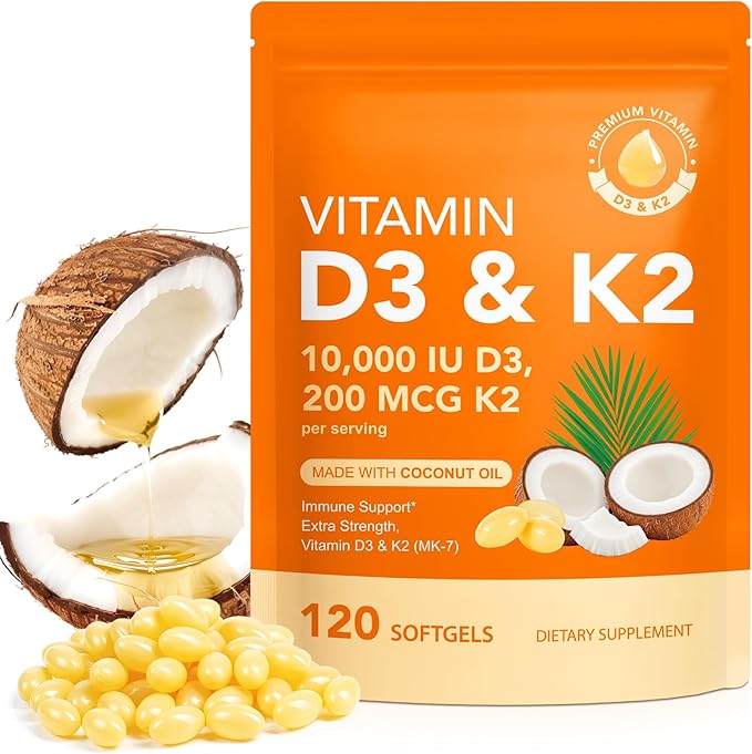 Vitamin D3 K2, D3 K2 Vitamin 10000 iu Supplement With Coconut Oil Softgels, 2 in 1 Formula 200 mcg (MK-7) Complex Softgels Support Calcium Absorption, Immune, Bone Health D3 K2 Vitamin - 120 Softgels