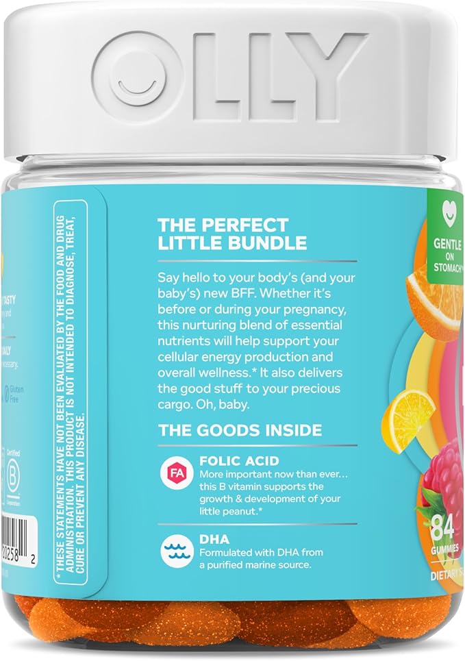 OLLY Essential Prenatal Gummy Multivitamin,Folic Acid,Vitamin D,Omega 3 DHA,Supports Healthy Growth and Brain Development,Citrus Berry -,84 Count (Pack of 2)