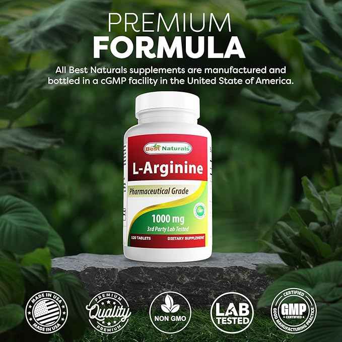 (New Improved Formula) Best Naturals L-Arginine 1000 mg 120 Tablets - Pharmaceutical Grade L Arginine Supplement Promotes Nitric Oxide Synthesis
