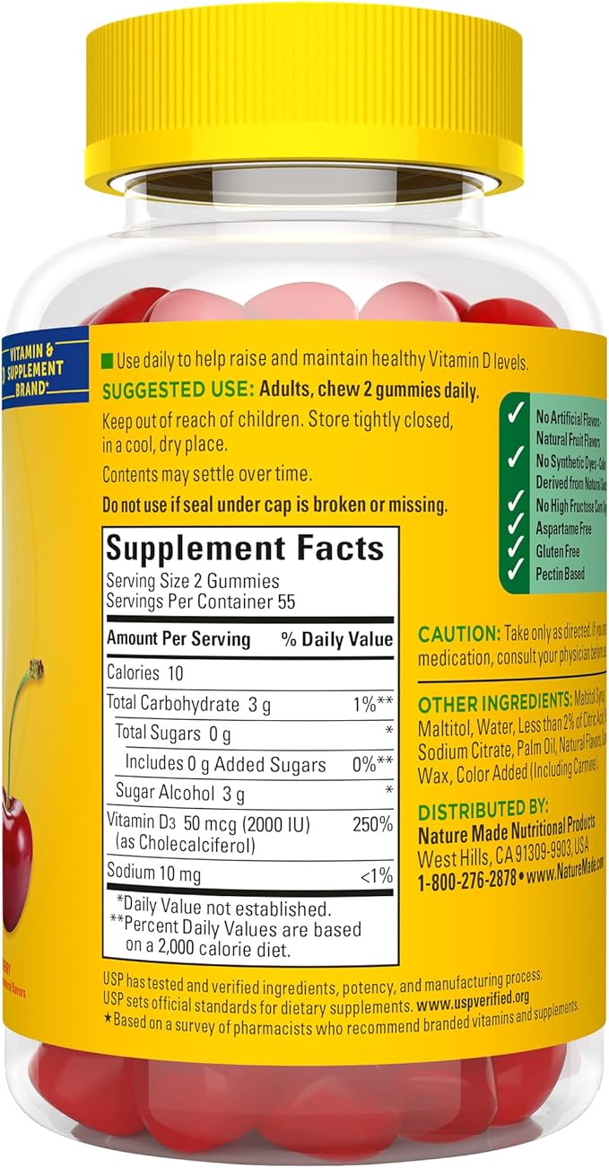 Nature Made Zero Sugar Vitamin D3 Gummies 2000 IU (50 mcg) Per Serving, Bone & Immune Support, Aspartame Free, 110 Vitamin D Gummies, 55 Day Supply, (Pack of 2)
