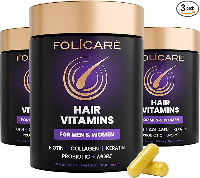 Biotin Hair Growth Supplement with Collagen, Keratin, and Probiotics – Hair Growth Support, Skin & Nails Supplement for Men and Women – Supports Thicker, Stronger Hair – Made in USA (3 Pack)