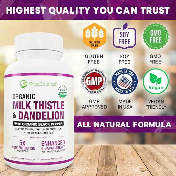 Max Absorption USDA Organic Milk Thistle Potent 5:1 Concentrated Extract (2000mg Strength) & Organic Dandelion Root | Silymarin Antioxidant Flavonoid | Liver Support Supplement (60 Count (Pack of 1))
