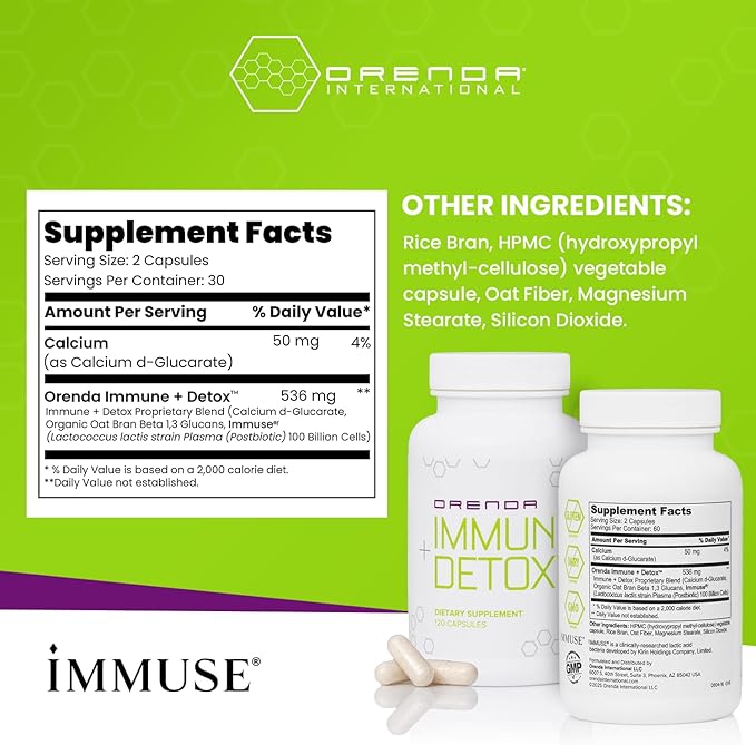 Orenda Immune + Detox - Specialized Formula with Calcium d-Glucarate, Beta 1,3 Glucans & IMMUSE® for Wellness and Balance - 120 Capsules