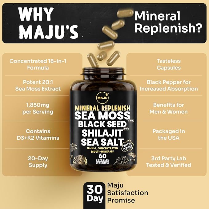 Maju Superfoods 18-in-1 Sea Moss, Black Seed, Shilajit, Sea Salt + D3 & K2, Concentrated Extracts, Trace Multi Mineral Capsules, for Men & Women Mineral Electrolytes Supplements