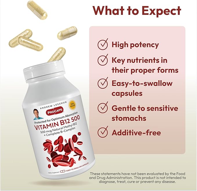ANDREW LESSMAN Vitamin B12 500 360 Capsules - Absorption-Protected Methylcobalamin (Natural Coenzyme Vitamin B12), Essential for Energy and Stress Support, Plus B-Complex, Easy to Swallow Capsules