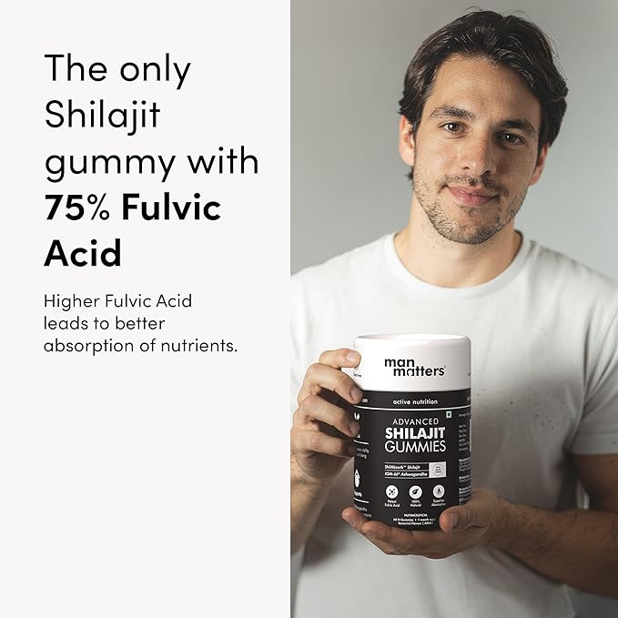 Man Matters Himalayan Shilajit Gummies 3000mg | Lab Tested | No Added Sugar | Ashwagandha, Gokshura | 75% + Fulvic Acid & 85+ Trace Minerals | Shilajit for Men | Non-GMO | 100% Natural | 60 Gummies