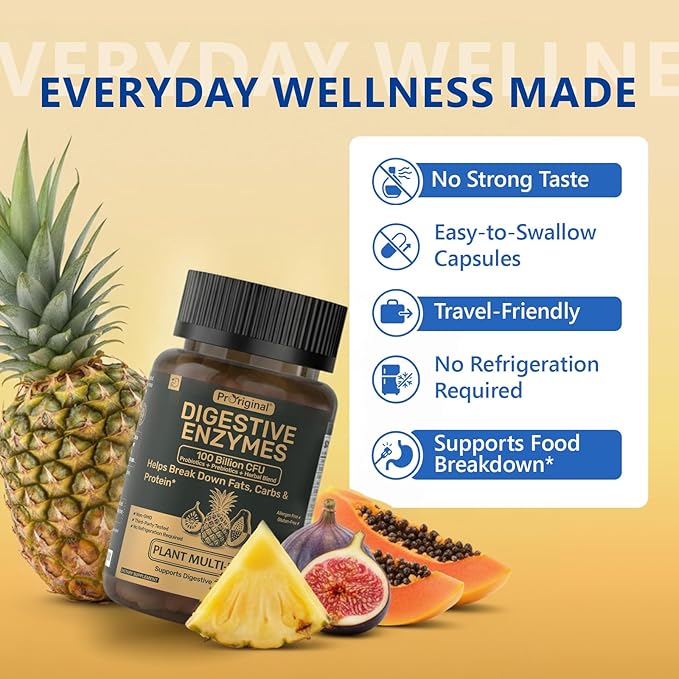 Digestive Enzymes Supplement with 100 Billion CFU Organic Probiotic & Prebiotic - Multi-Enzyme Formula for Women & Men - Supports Digestive & Gut Health, Aids Protein, Carb & Dairy Digestion, 60 Caps