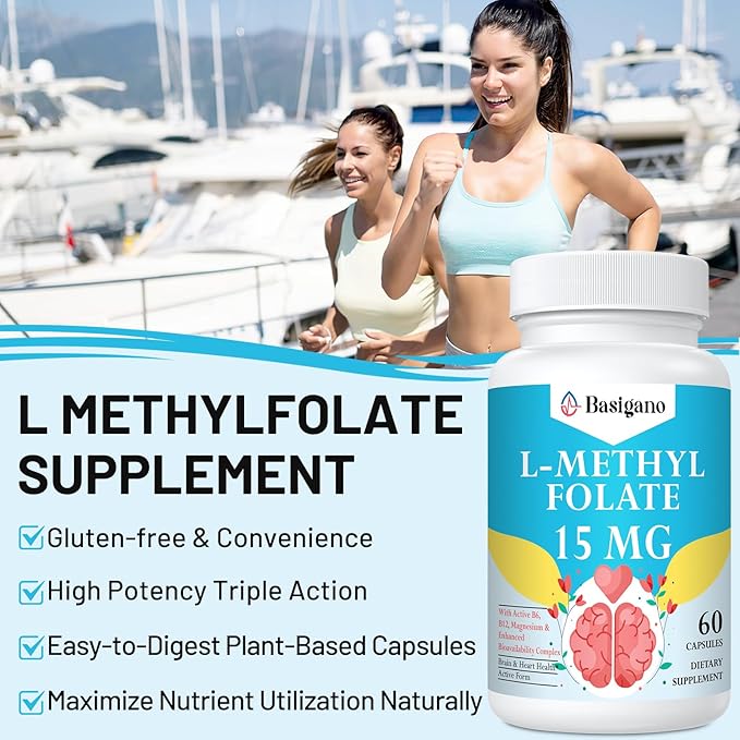 L Methylfolate 15mg (5-MTHF) - Active Folic Acid with B6 and B12 - Vegan, Gluten-Free, Dairy-Free (1 Pack)