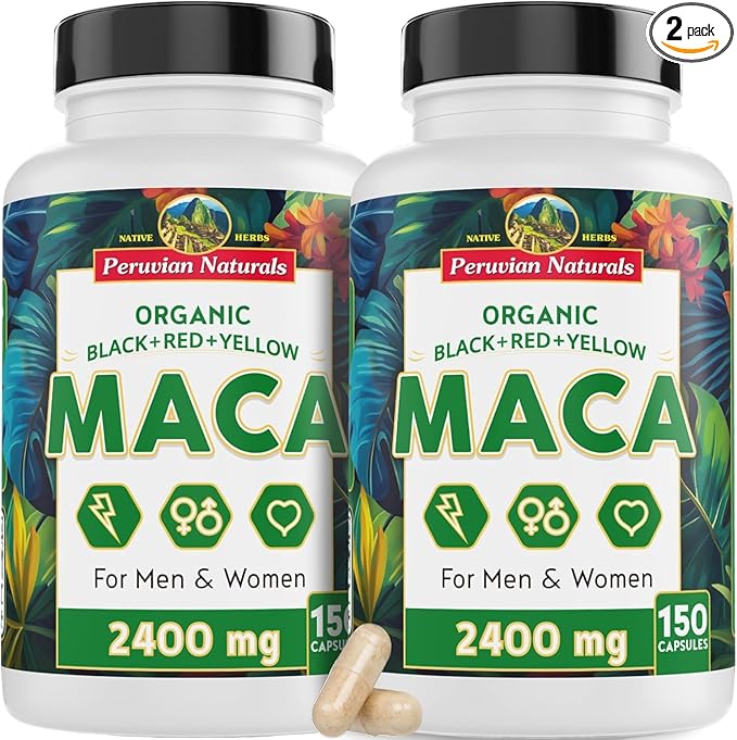 Peruvian Naturals Organic Maca Root Capsules for Women & Men, 2400 mg, 300 Vegan Pills with Black, Red & Yellow Root, Gelatinized, Non-GMO, Pack of 2