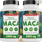 Peruvian Naturals Organic Maca Root Capsules for Women & Men, 2400 mg, 300 Vegan Pills with Black, Red & Yellow Root, Gelatinized, Non-GMO, Pack of 2