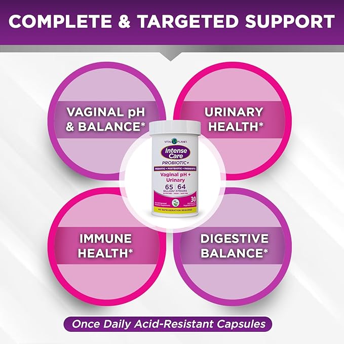 Vital Planet - Intense Care Vaginal pH & Urinary Probiotics for Women Plus Organic Prebiotics, Postbiotics, and Parabiotics, 65 Billion CFU and 64 Strains, Immune and Digestive Health 30 ct