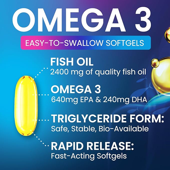 Omega 3 Fish Oil Supplements - 2400mg Fish Oil Per Serving - Triple Strength Omega-3 with Fatty Acids EPA & DHA - Natural Heart, Brain & Immune Support - Wild Caught, Bottled in USA - 120 Softgels