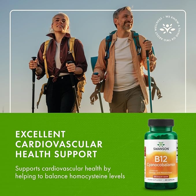 Swanson B12 Cyanocobalamin - Metabolism & Energy Support - Aids Nervous System & Cardiovascular Health - Supports Red Blood Cell Production* - Non-GMO & Gluten Free - 250 Capsules