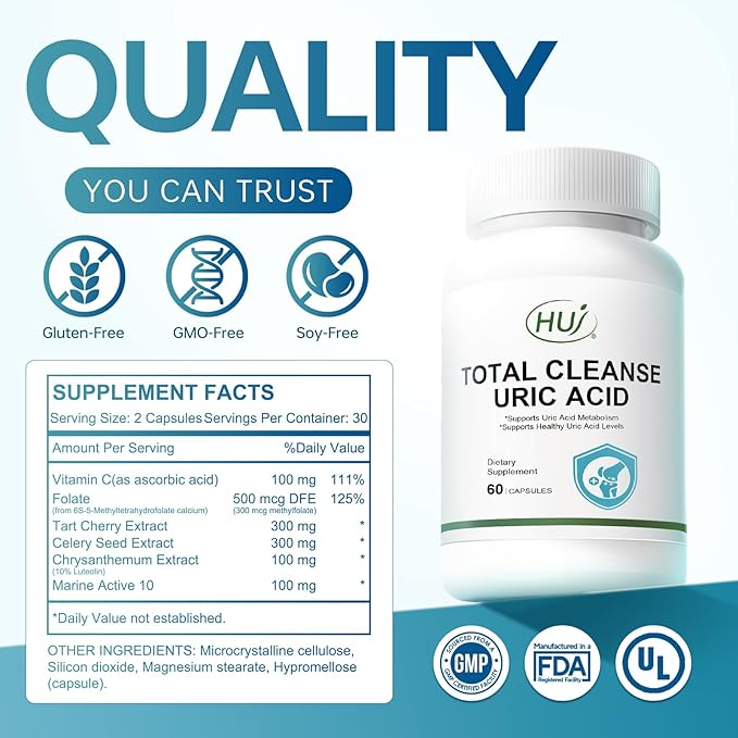 HUJ Total Cleanse Uric Acid - Uric Acid Cleanse Supplement - with Tart Cherry, Celery Seed, Marine Active 10 and Chrysanthemum Extract - Supports Joint and Kidney Health* - 60 Capsules