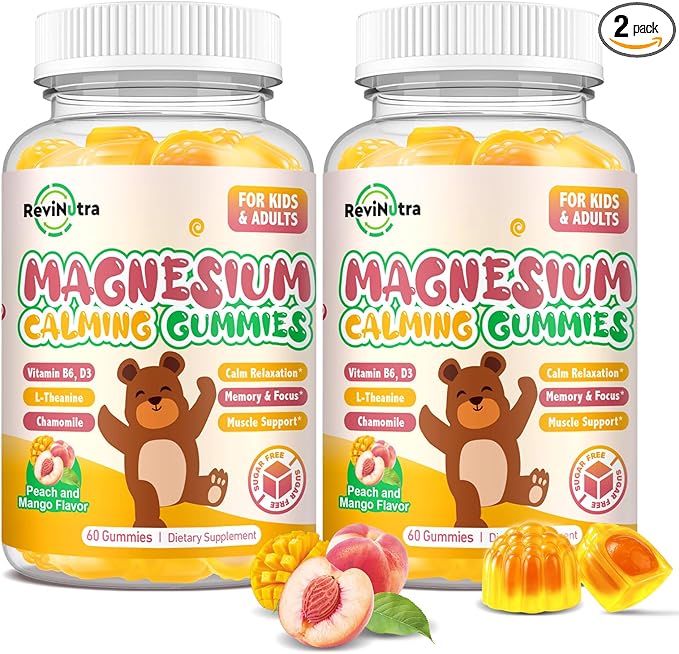 Magnesium Gummies for Kids - Magnesium Glycinate Gummies with L-Theanine, Vitamin B6, D3 for Kids & Adults Sleep, Calm, Relaxation, Stress, Brain, Bones, Muscle Relief, Sugar Free Peach & Mango 120ct