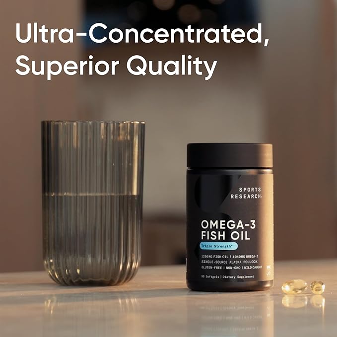 Sports Research® Omega-3 Fish Oil 1250 - Triple Strength Fish Oil Supplement from Wild Alaska Pollock - MSC Certified Sustainable · Non-GMO · Soy Free - 180 Softgel Capsules